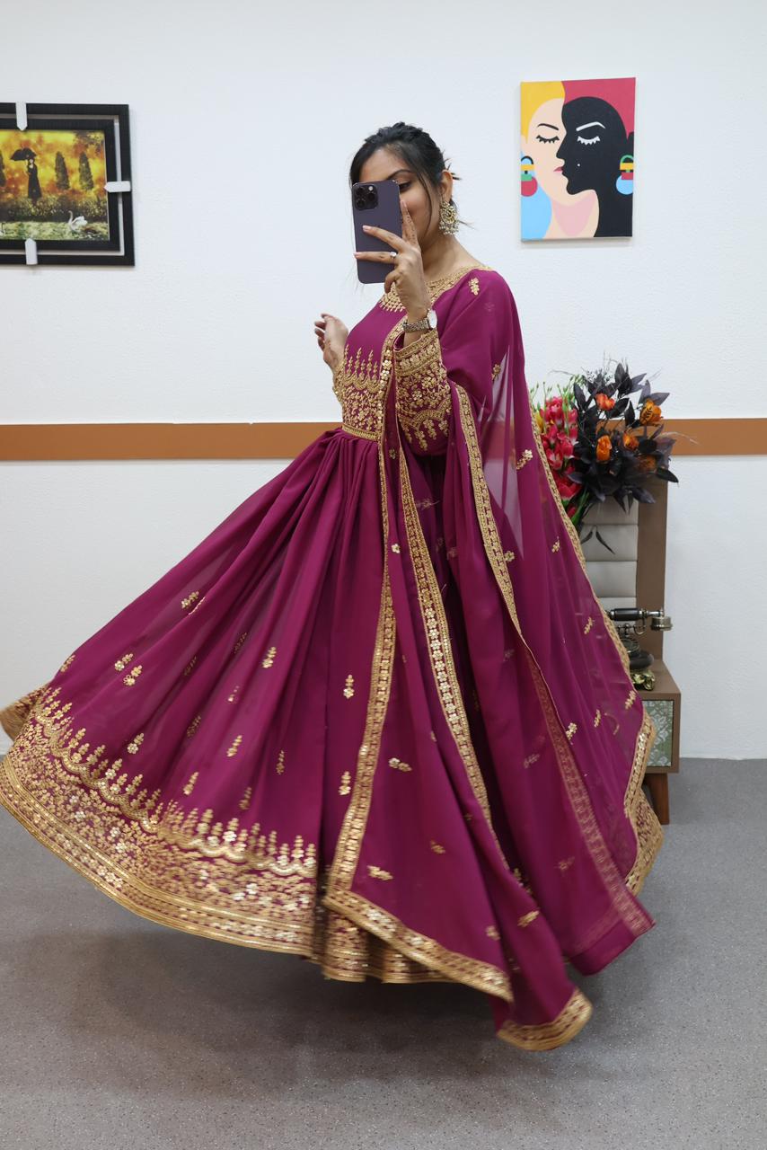 Fancy Wine Color Embroidery Work Gown Main image