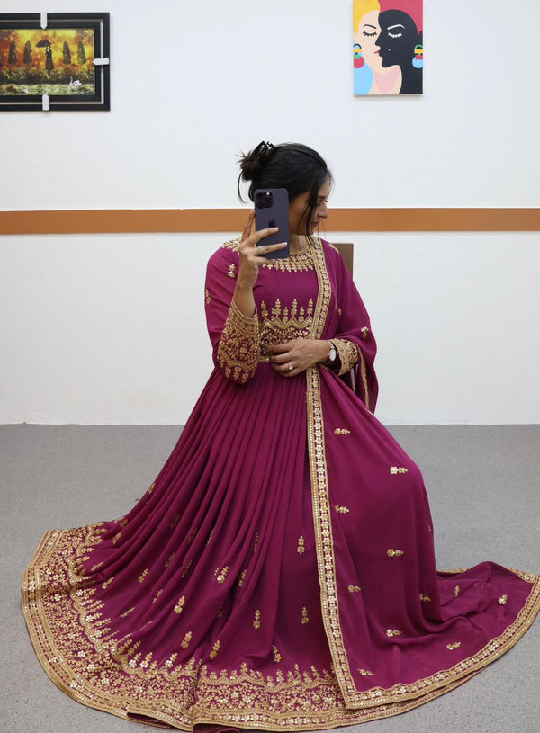 Fancy Wine Color Embroidery Work Gown