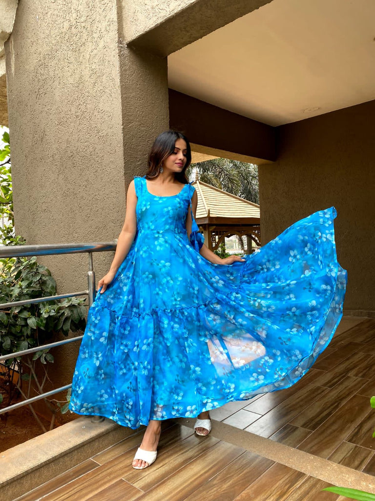 Glimmering Organza Silk Sky Blue Color Gown