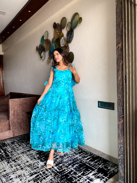 Glimmering Organza Silk Aqua Blue Color Gown Main image