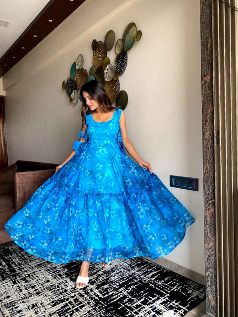 Glimmering Organza Silk Sky Blue Color Gown Main image
