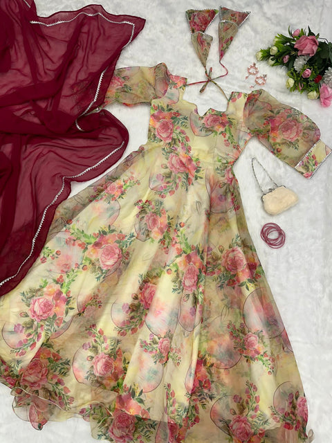 Beautiful Cream Color Gown With Maroon Dupatta Main image