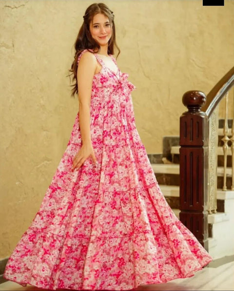 Casual Wear Pink Flower Long Gown Main image