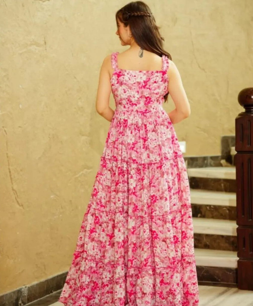 Casual Wear Pink Flower Long Gown