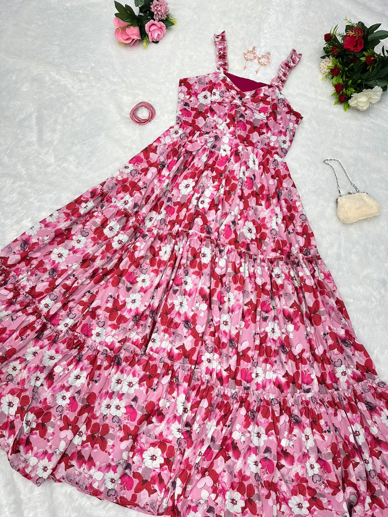 Casual Wear Pink Flower Long Gown