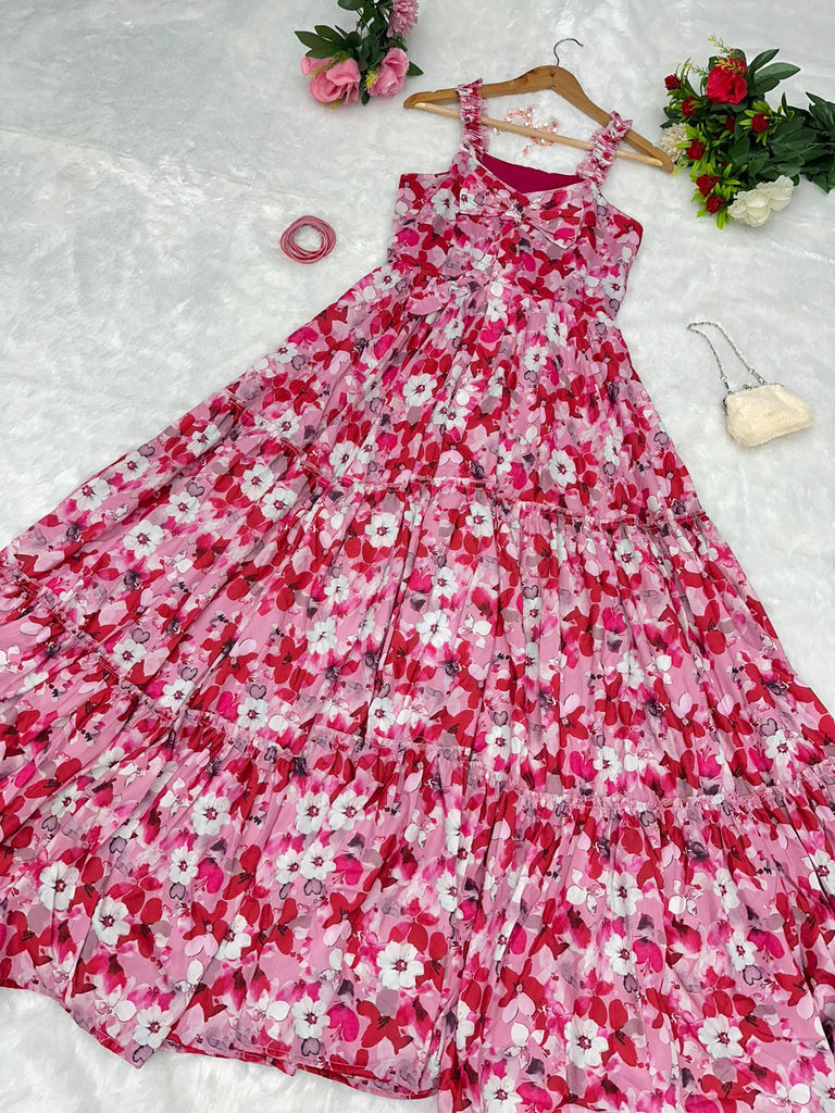Casual Wear Pink Flower Long Gown Casual Wear Pink Flower Long Gown