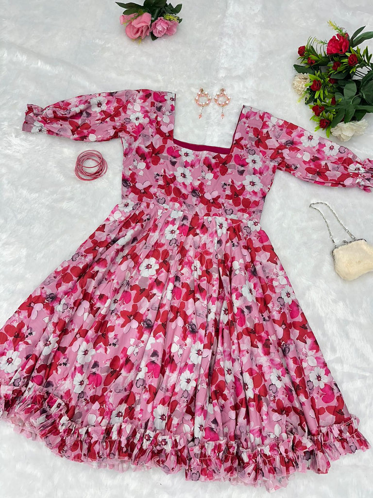 Muslin Cotton Pink Flower Classy Short Dress