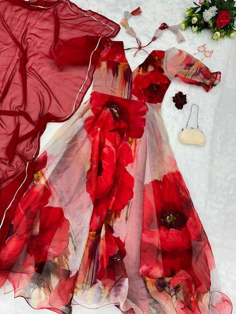 Unique White Color Gown With Maroon Flower Main image