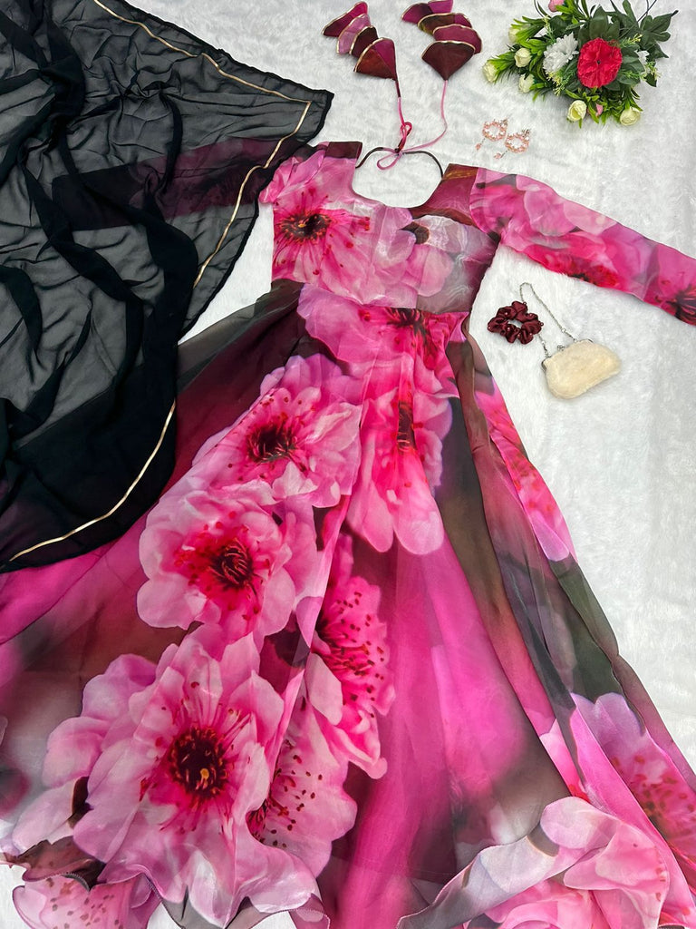 Pink color Digital Print Classy Anarkali Gown