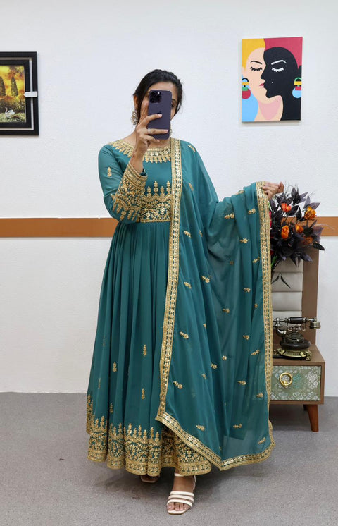 Mesmerizing Sequence Work Aqua Green Color Gown Main image