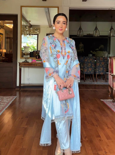 Embroidery Work Sky Blue Color Party Wear Kurti Set Main image