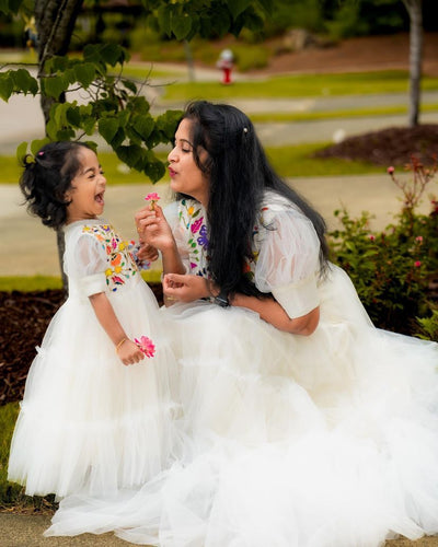 Beautiful Work White Color Mother Daughter Gown