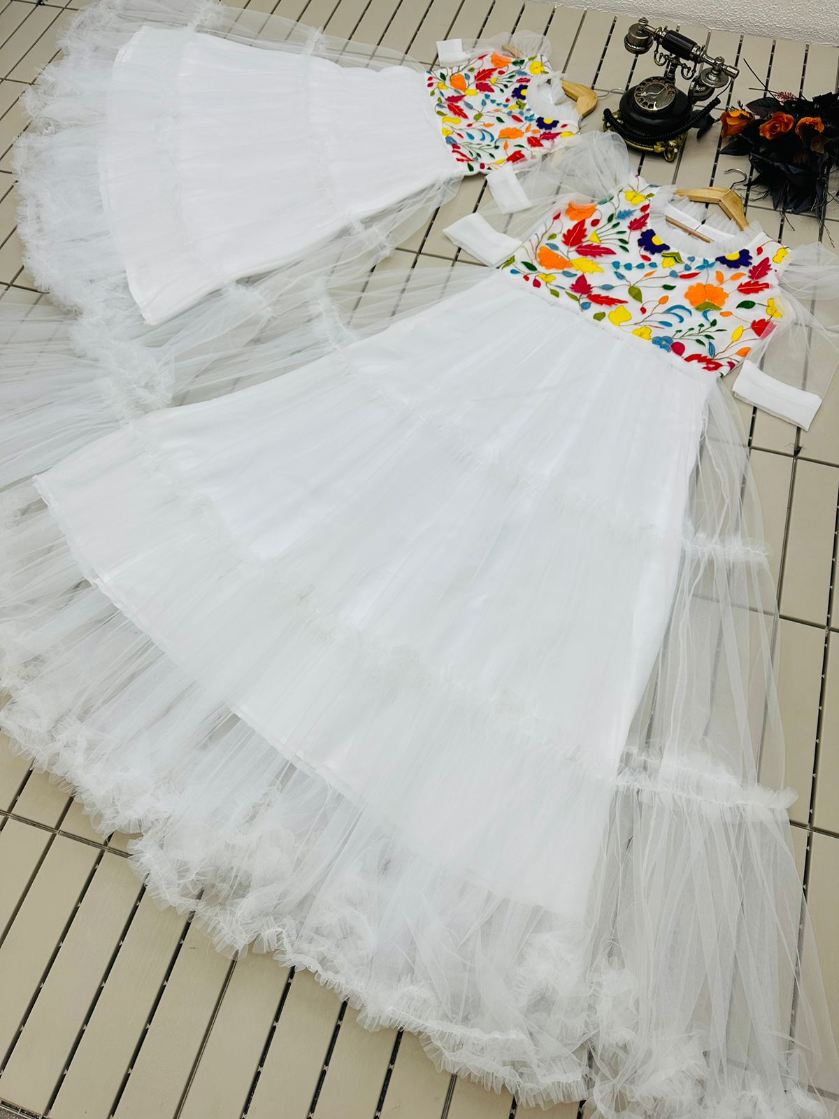 Beautiful Work White Color Mother Daughter Gown
