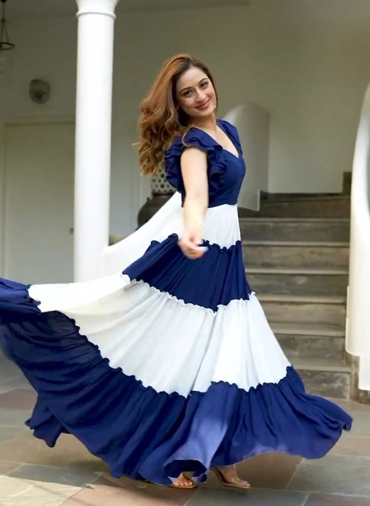 Ruffle Style Blue And White Color Stylish Gown - Clothsvilla L Ruffle Style Blue And White Color Stylish Gown - Clothsvilla L