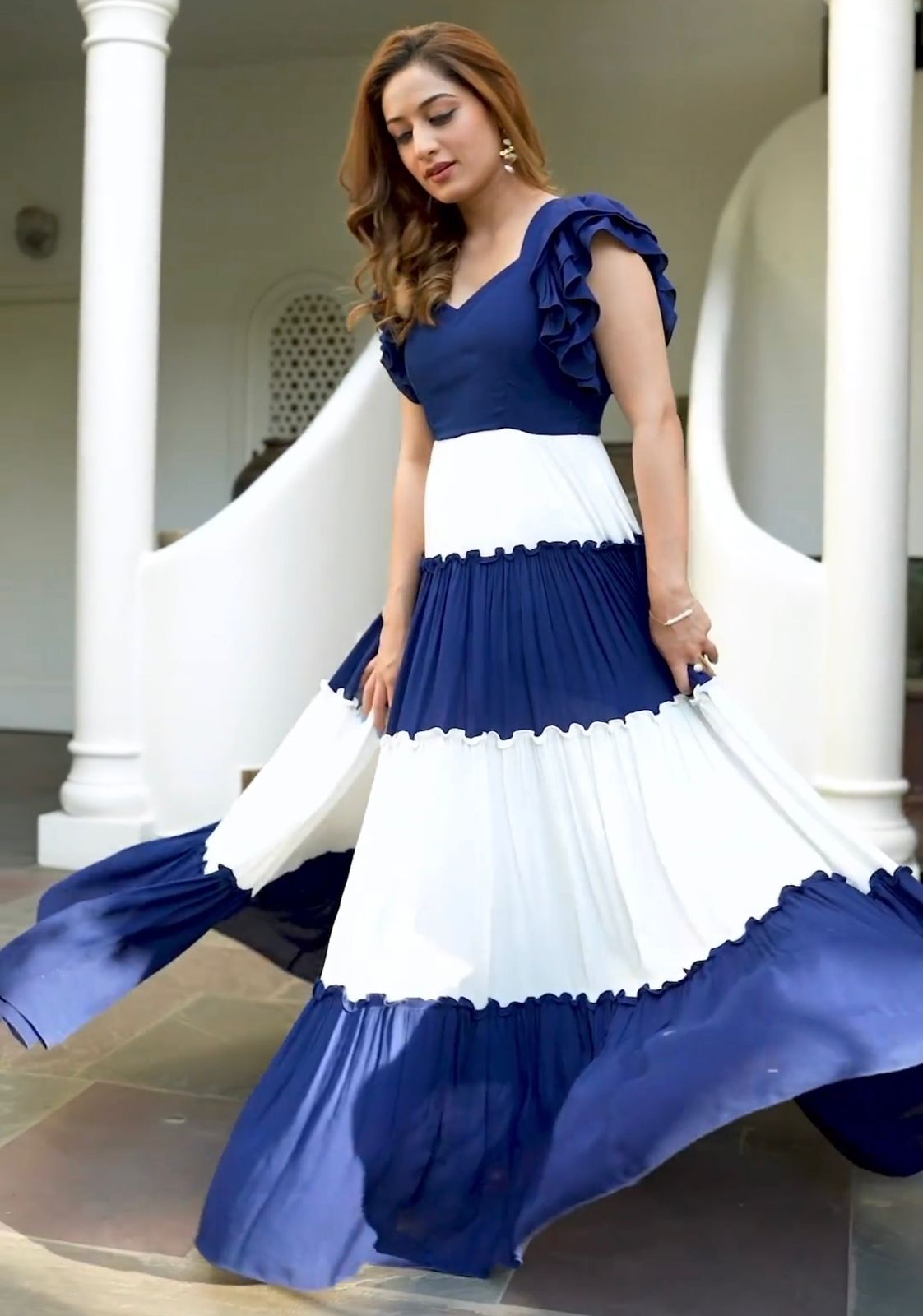 White Blue Gown Clearance (White Blue Flower A-Line Tiered Long Bridesmaid  Dress With Ruffles)
