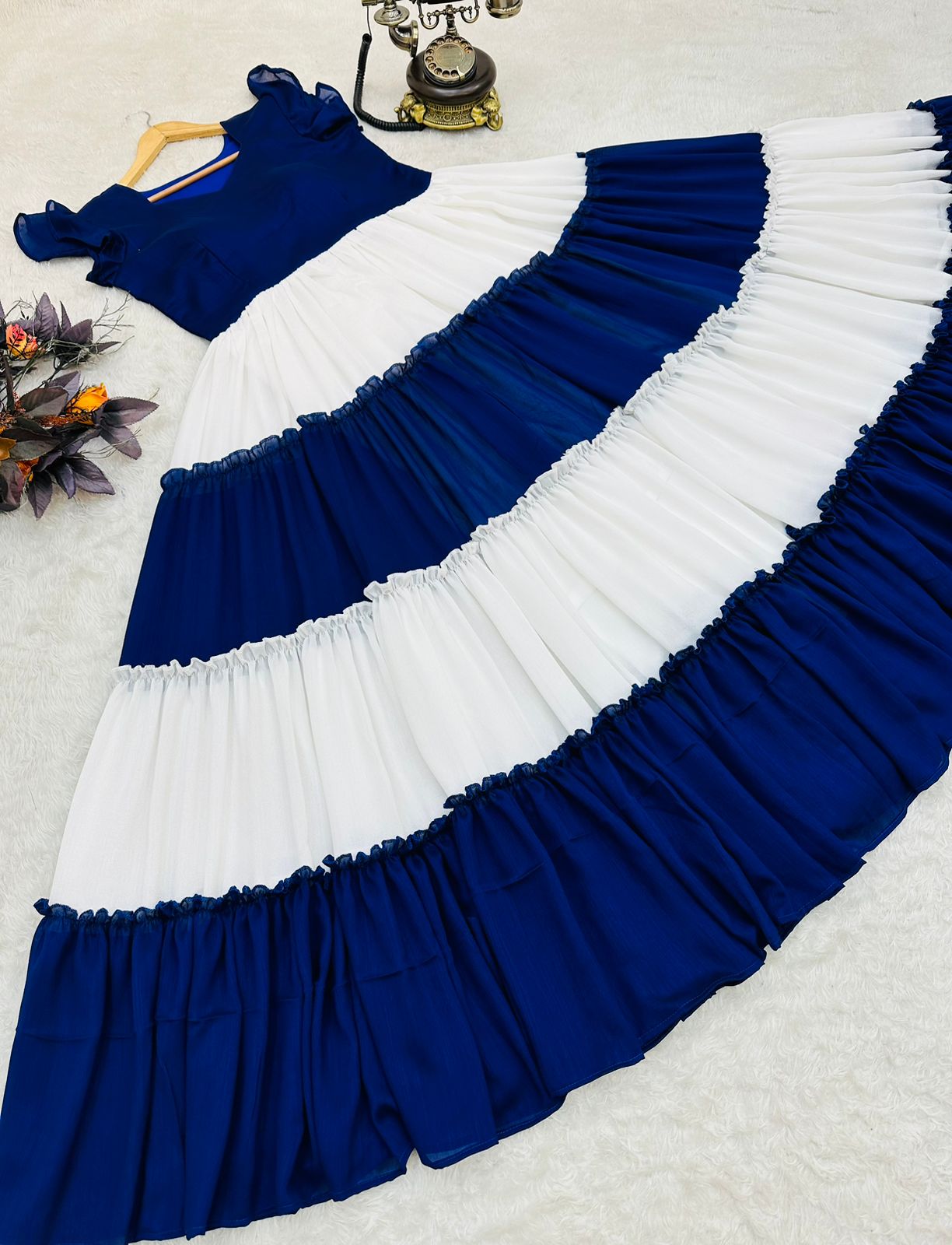 Ruffle Style Blue And White Color Stylish Gown