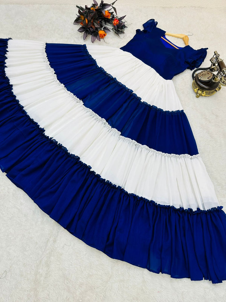 Ruffle Style Blue And White Color Stylish Gown - Clothsvilla Ruffle Style Blue And White Color Stylish Gown - Clothsvilla