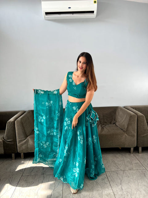 Wonderful Aqua Green Organza Silk Lehenga Choli Main image