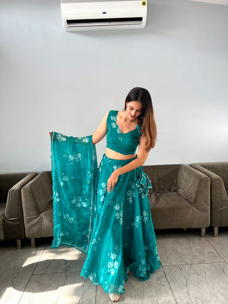 Wonderful Aqua Green Organza Silk Lehenga Choli