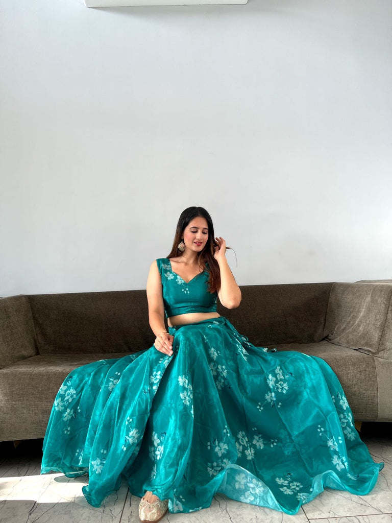 Wonderful Aqua Green Organza Silk Lehenga Choli