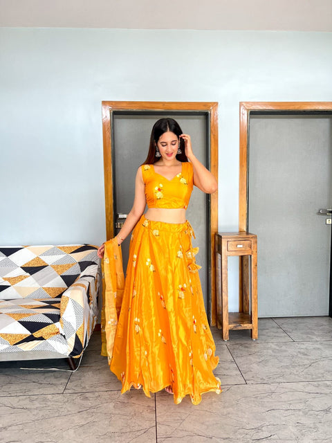 Wonderful Mustard Organza Silk Lehenga Choli Main image