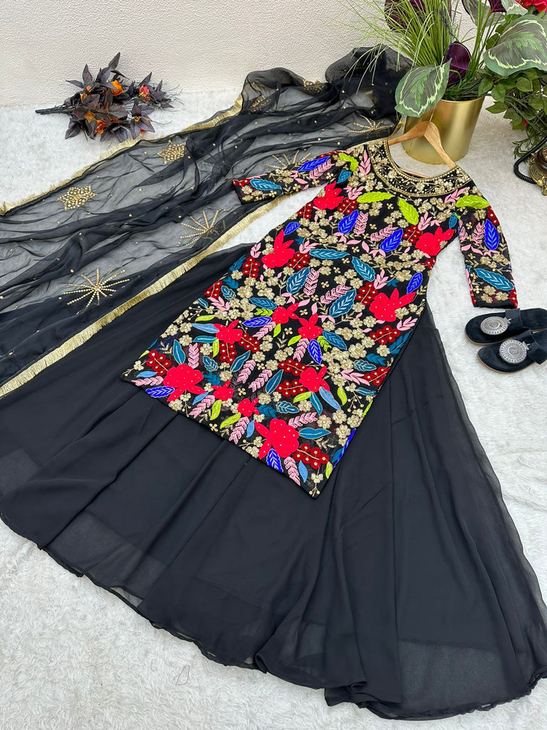 Trendy Black Color Double Sequence Work Top With Lehenga