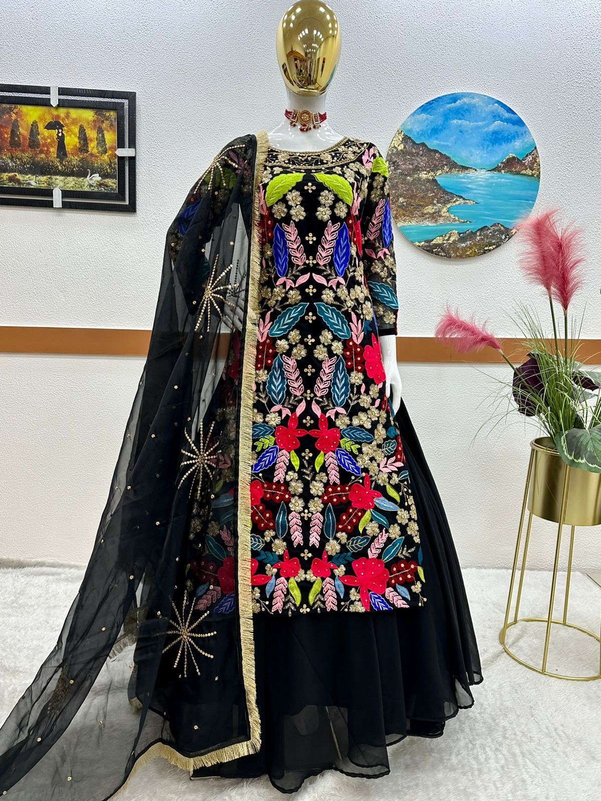 Trendy Black Color Double Sequence Work Top With Lehenga Main image