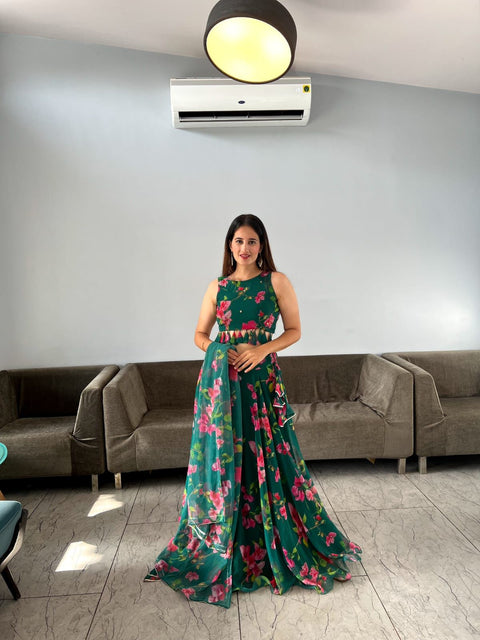 Digital Flower Print Green Color Lehenga Choli Main image