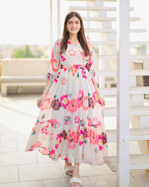 Stylish White Color Ruffle Style Gown Main image