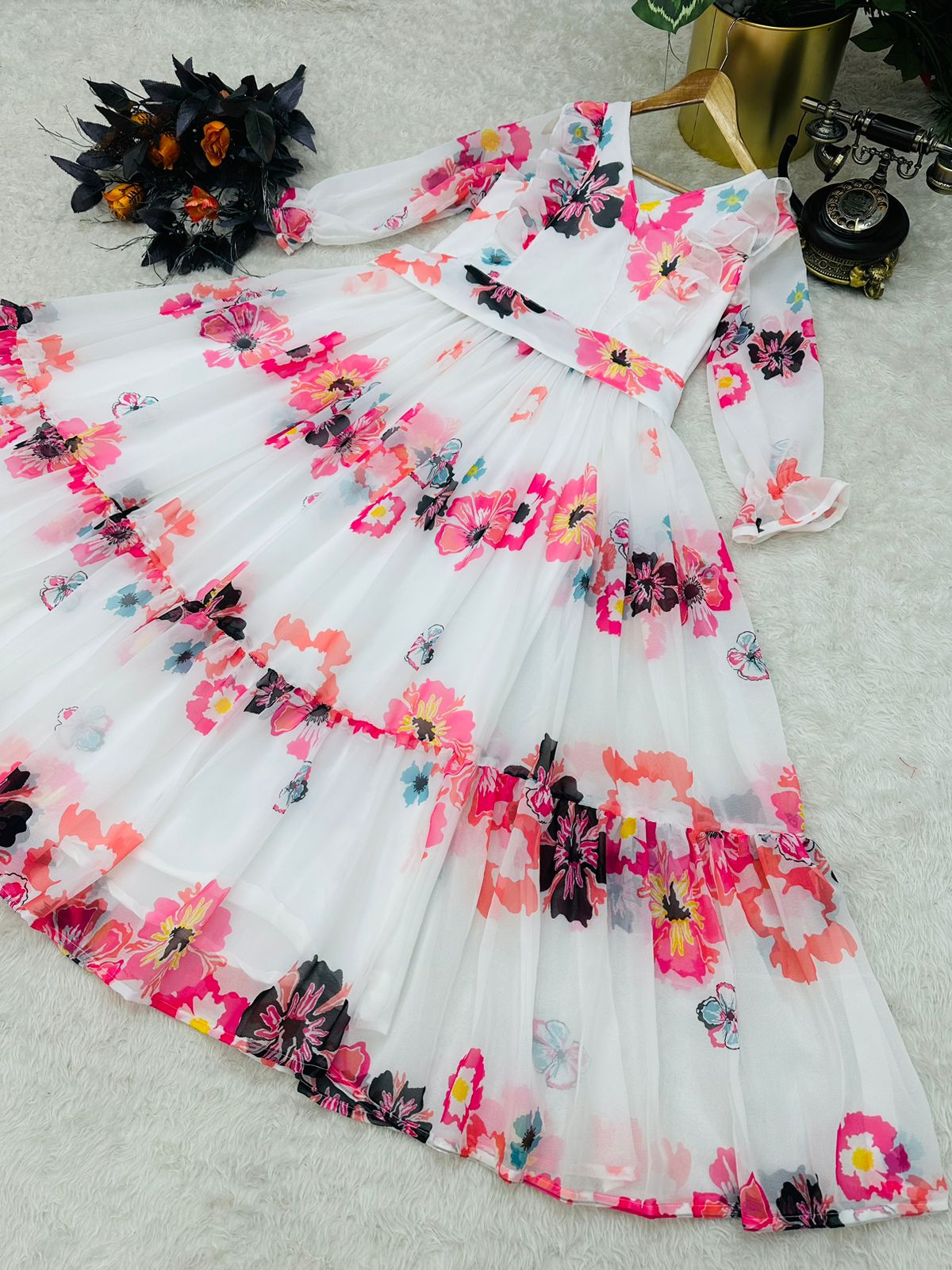 Stylish White Color Ruffle Style Gown