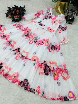 Stylish White Color Ruffle Style Gown
