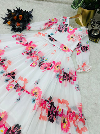 Stylish White Color Ruffle Style Gown