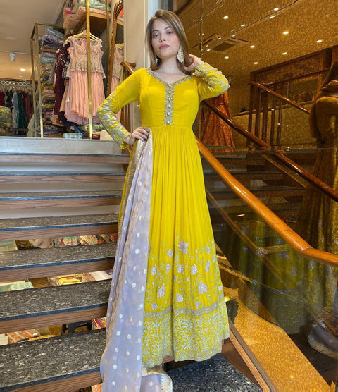 Gorgeous Sequence Work Yellow Color Long Gown Main image
