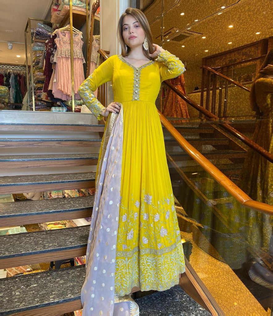 Gorgeous Sequence Work Yellow Color Long Gown