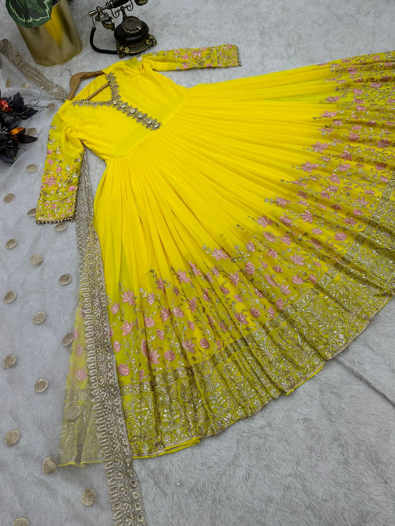 Gorgeous Sequence Work Yellow Color Long Gown - Clothsvilla