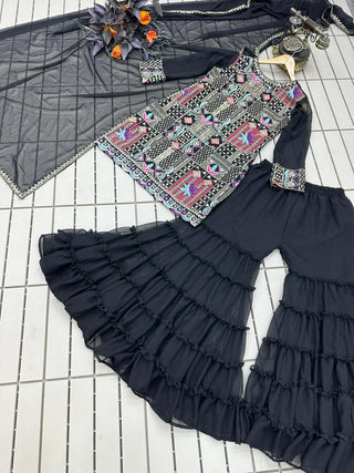 Heavy Embroidery Work Black Color Amazing Sharara Suit