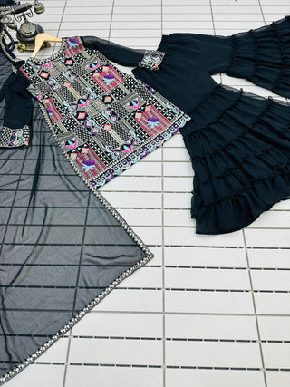 Heavy Embroidery Work Black Color Amazing Sharara Suit