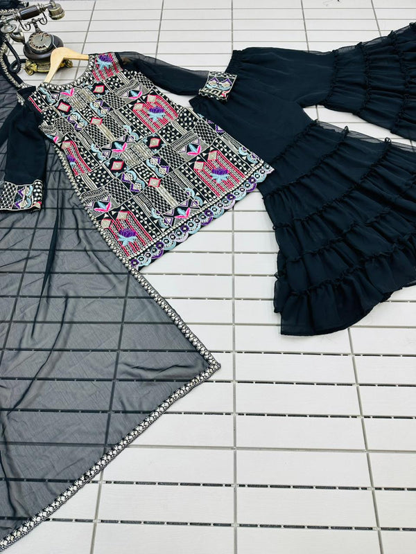 Heavy Embroidery Work Black Color Amazing Sharara Suit