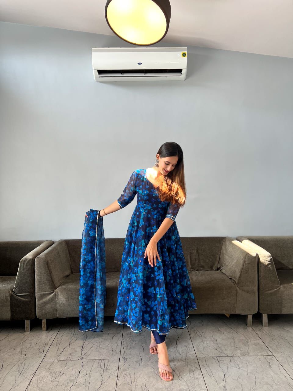 Floral Printed Blue Color Georgette Anarkali Gown Main image