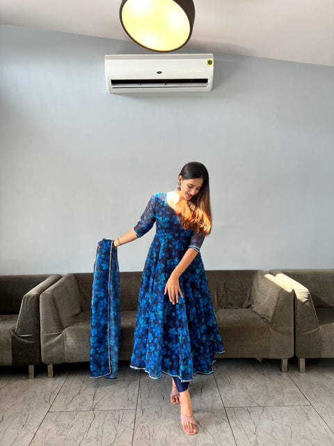Floral Printed Blue Color Georgette Anarkali Gown Main image