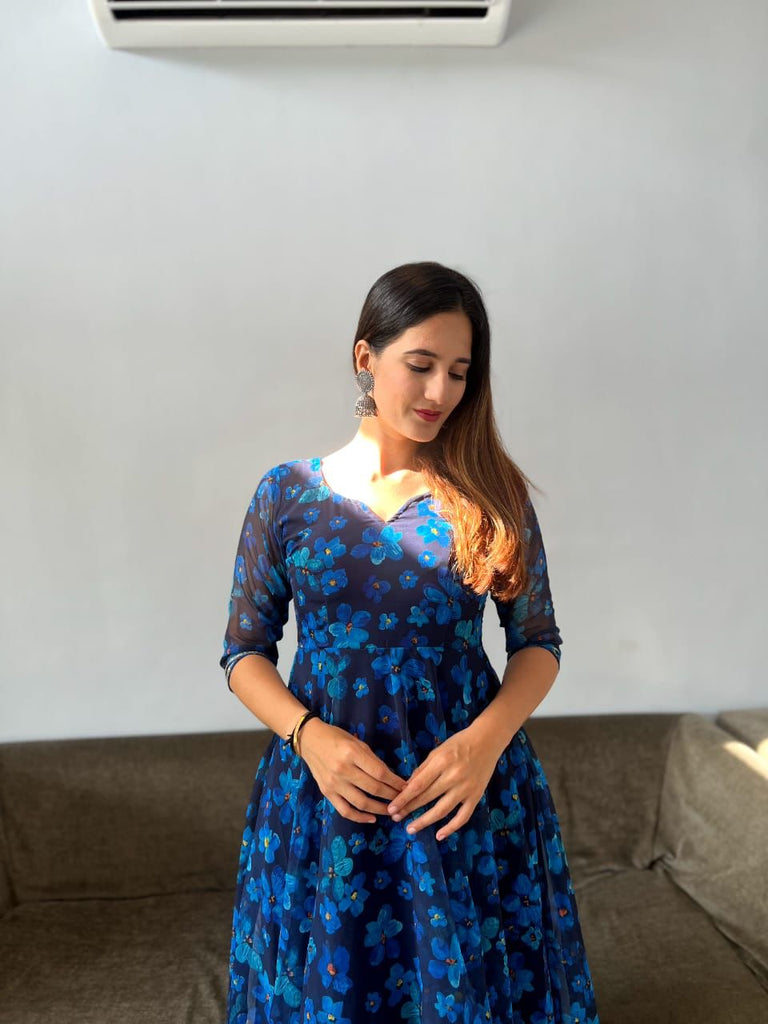 Floral Printed Blue Color Georgette Anarkali Gown