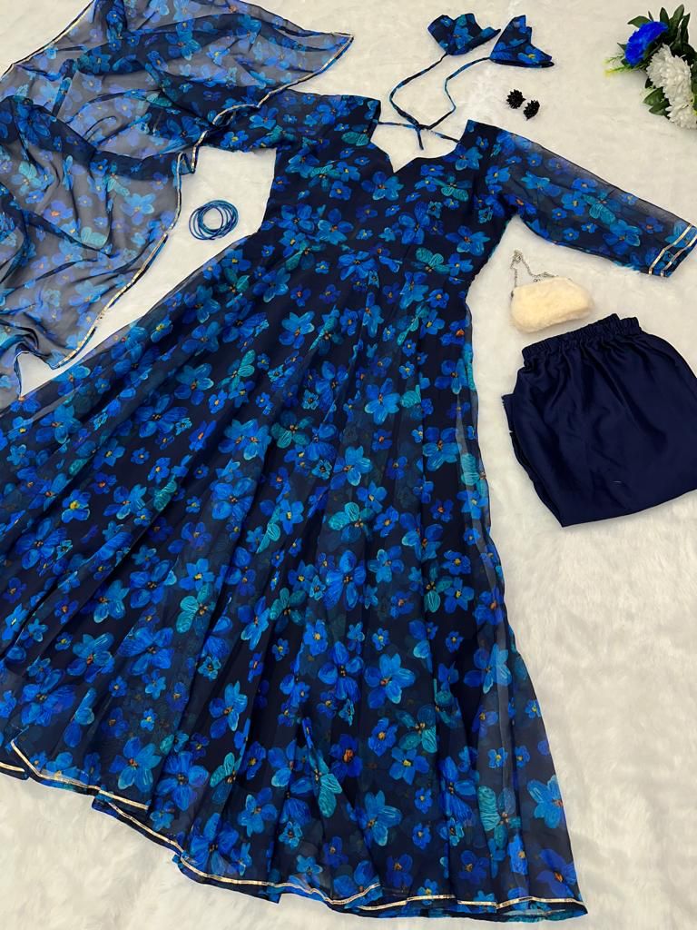 Floral Printed Blue Color Georgette Anarkali Gown