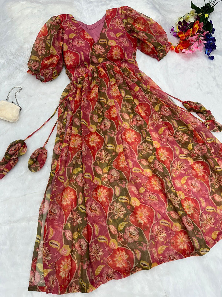 SHEIN Najma Women's Feather Printed Lantern Sleeve Dress | SHEIN