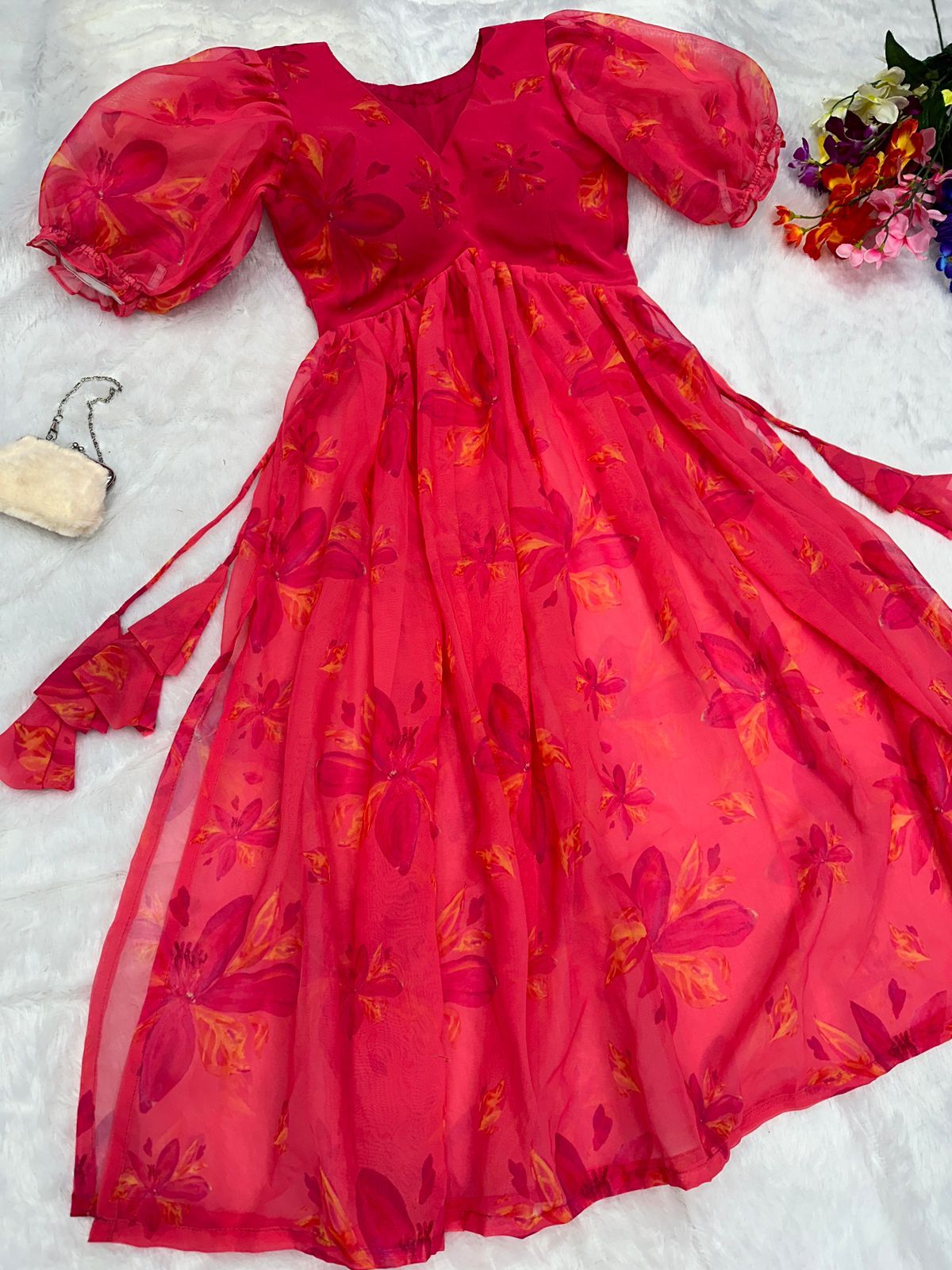 Pretty Digital Printed Red Color Side Slit Kurti