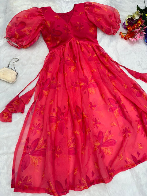 Pretty Digital Printed Red Color Side Slit Kurti Main image