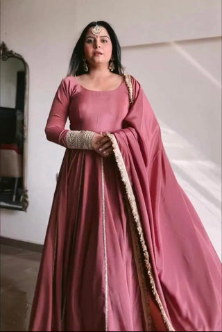 Amazing Coding Lace Work Dusty Pink Color Gown