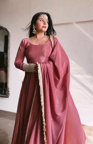 Amazing Coding Lace Work Dusty Pink Color Gown