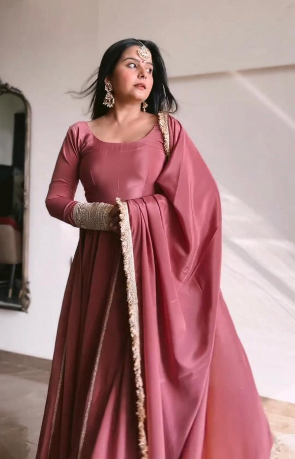 Amazing Coding Lace Work Dusty Pink Color Gown