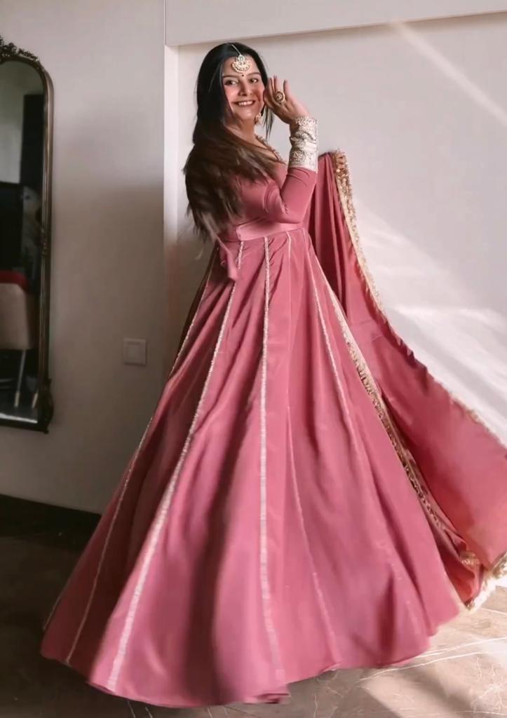 Amazing Coding Lace Work Dusty Pink Color Gown