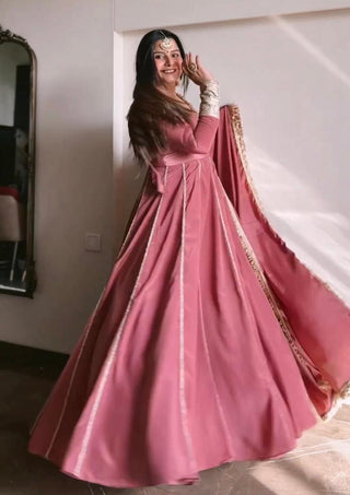 Amazing Coding Lace Work Dusty Pink Color Gown